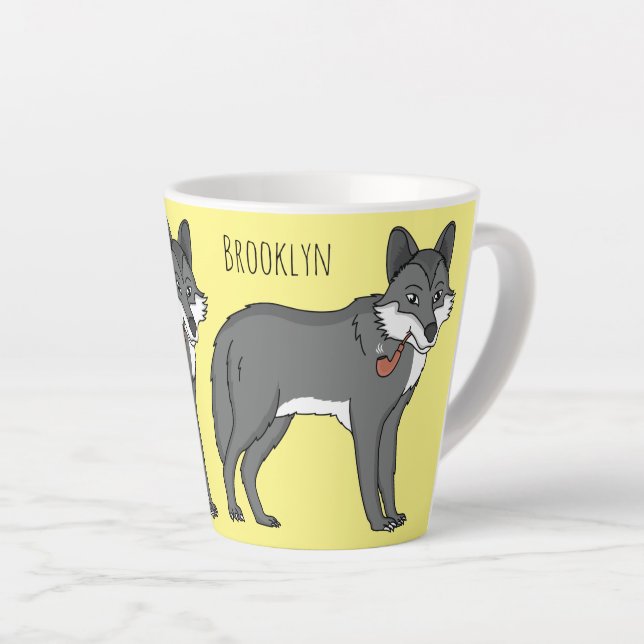 Grey wolf with pipe cartoon illustration latte mug (Right Angle)