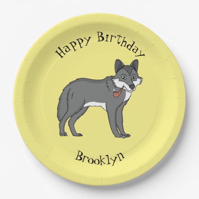 Grey wolf with pipe cartoon illustration paper plate (Front)