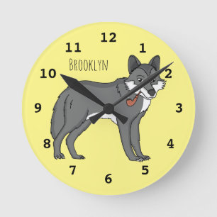 Grey wolf with pipe cartoon illustration round clock