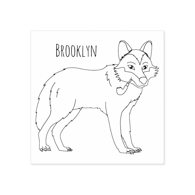 Grey wolf with pipe cartoon illustration rubber stamp (Imprint)