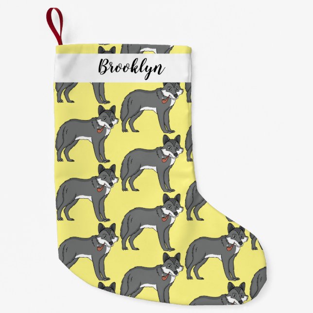 Grey wolf with pipe cartoon illustration small christmas stocking (Front)