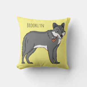 Grey wolf with pipe cartoon illustration throw pillow