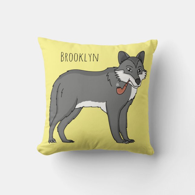 Grey wolf with pipe cartoon illustration throw pillow (Front)