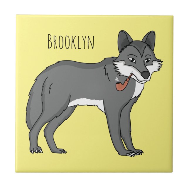Grey wolf with pipe cartoon illustration tile (Front)