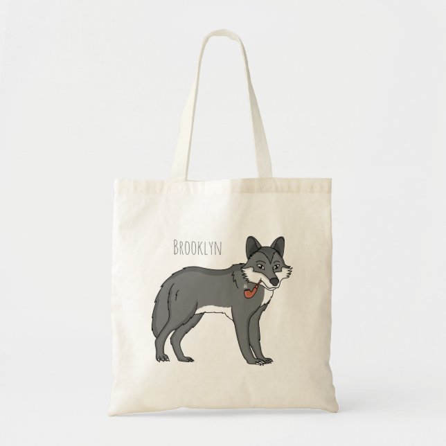 Grey wolf with pipe cartoon illustration tote bag (Front)