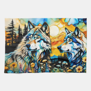 Grey wolves and Wildflowers Kitchen Towel