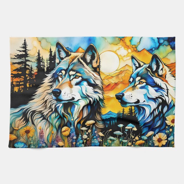 Grey wolves and Wildflowers Kitchen Towel (Horizontal)