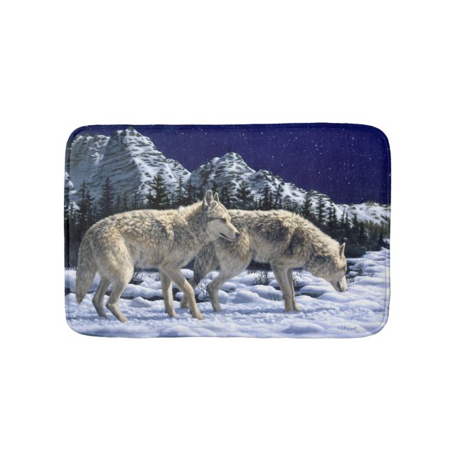 Grey Wolves in Snowy Winter Mountains Bath Mat (Front)
