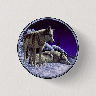 Grey Wolves in Winter Snow at Night 1 Inch Round Button