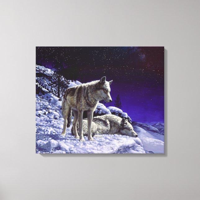 Grey Wolves in Winter Snow at Night Canvas Print (Front)