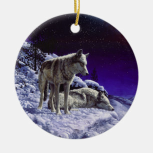 Grey Wolves in Winter Snow at Night Ceramic Ornament