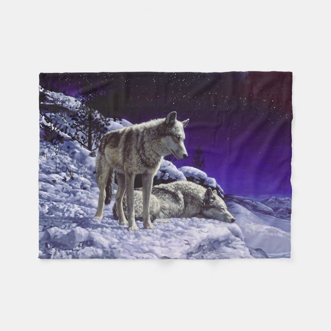 Grey Wolves in Winter Snow at Night Fleece Blanket (Front (Horizontal))