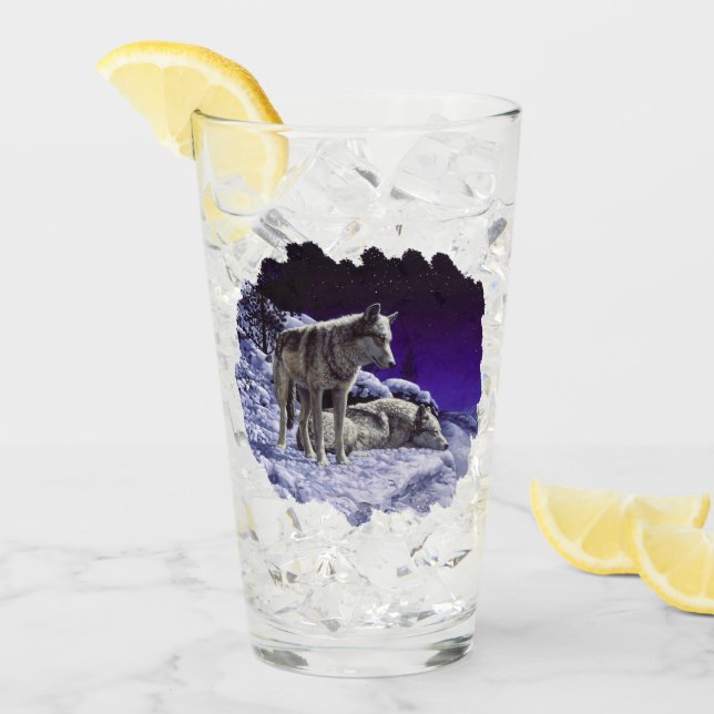 Grey Wolves in Winter Snow at Night Glass (Front Ice)