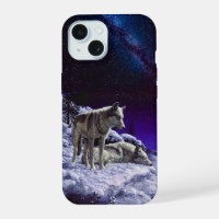 Grey Wolves in Winter Snow at Night
