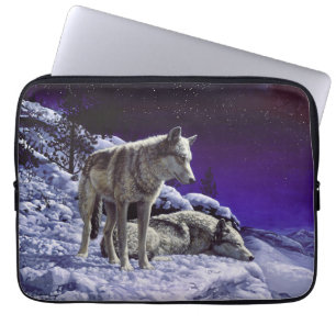 Grey Wolves in Winter Snow at Night Laptop Sleeve