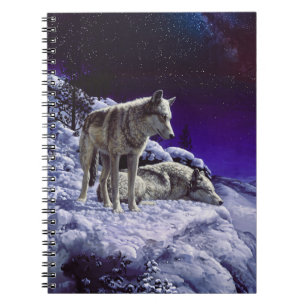 Grey Wolves in Winter Snow at Night Notebook