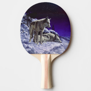 Grey Wolves in Winter Snow at Night Ping Pong Paddle