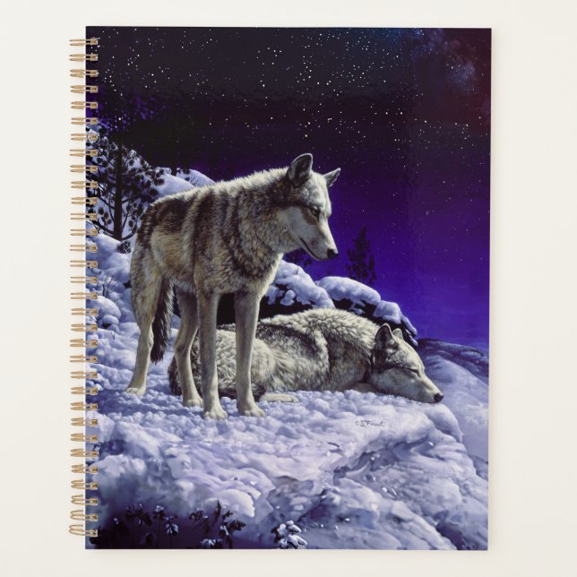 Grey Wolves in Winter Snow at Night Planner (Front)