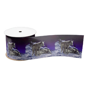 Grey Wolves in Winter Snow at Night Satin Ribbon