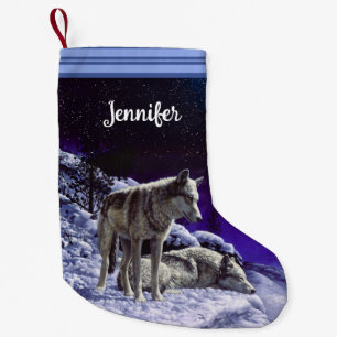 Grey Wolves in Winter Snow at Night Small Christmas Stocking