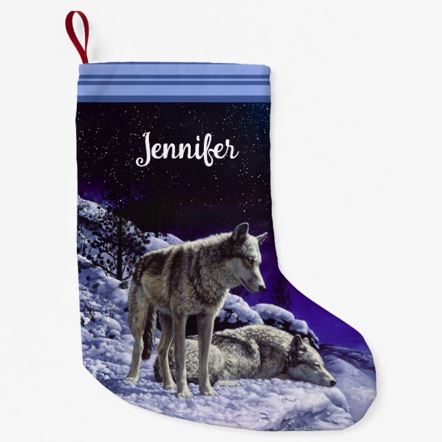 Grey Wolves in Winter Snow at Night Small Christmas Stocking (Front)