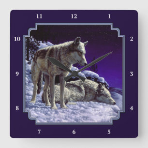 Grey Wolves in Winter Snow at Night Square Wall Clock