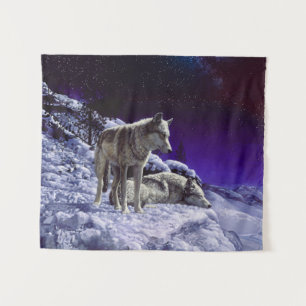 Grey Wolves in Winter Snow at Night Tapestry