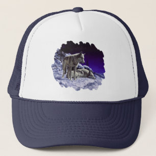 Grey Wolves in Winter Snow at Night Trucker Hat