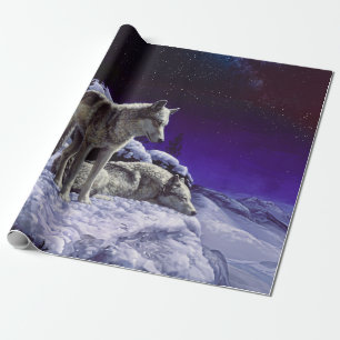 Grey Wolves in Winter Snow at Night Wrapping Paper