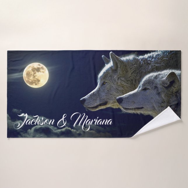 Grey Wolves Under a Full Moon Bath Towel Set (Bath Towel)