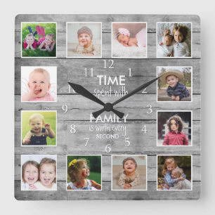 Grey Wood 12 Photo Template Time Family Quote  Square Wall Clock