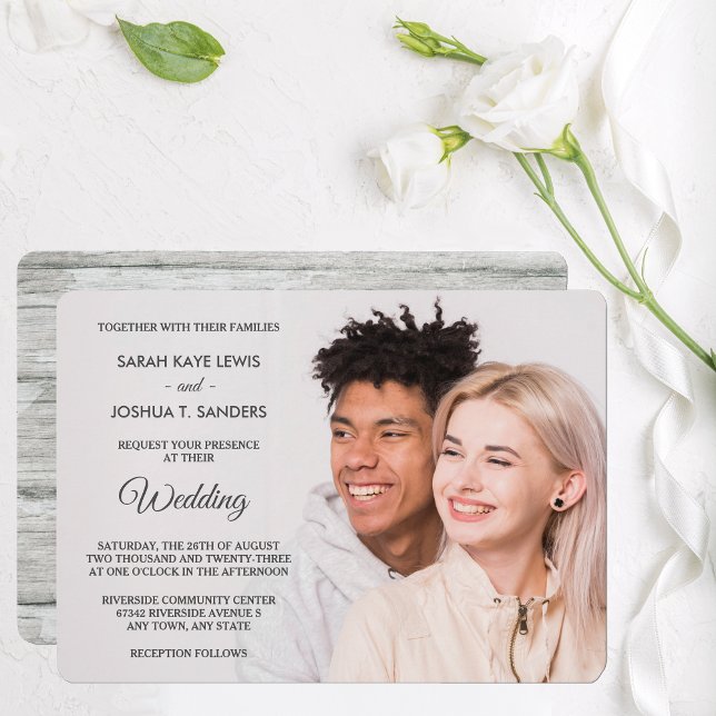 Grey Wood Back Right Side Photo Wedding Invitation (Creator Uploaded)