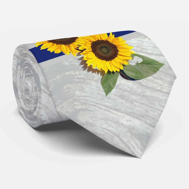 Grey wood Cobalt Blue Sunflower Rustic Wedding Tie (Rolled)