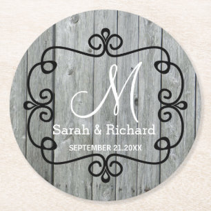 Grey Wood Country Wedding Monogram Round Paper Coaster