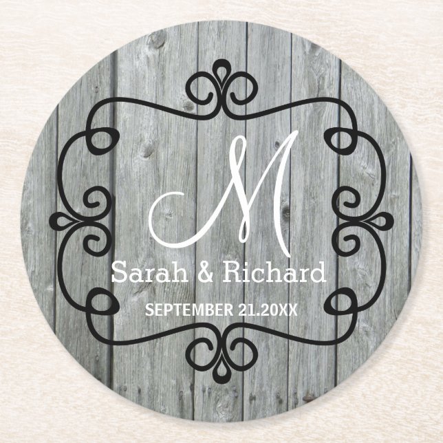 Grey Wood Country Wedding Monogram Round Paper Coaster (Front)