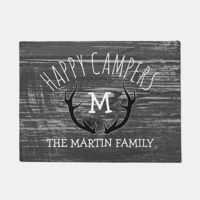 Grey Wood Deer Antlers Family Name Happy Campers Doormat (Front)