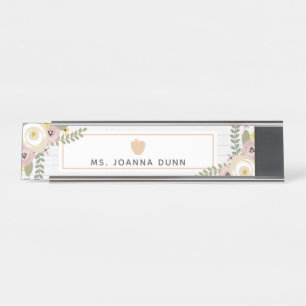 Grey Wood Dusty Floral Teacher Nameplate