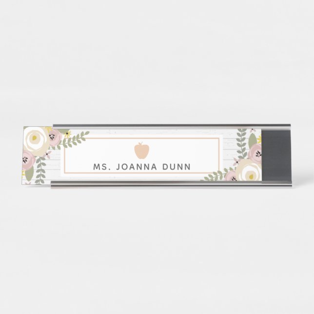 Grey Wood Dusty Floral Teacher Nameplate (Front)