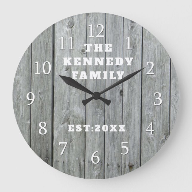 Grey Wood Family Name  Farmhouse Personalized Large Clock (Front)
