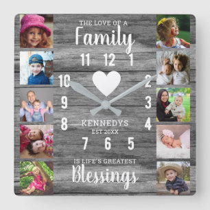 Grey Wood Family Quote  10 Square Photo Collage  Square Wall Clock