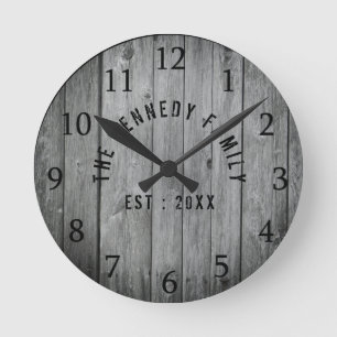 Grey Wood Farmhouse Family Name Round Clock