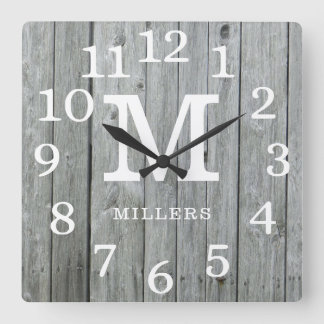 Grey Wood Large Numbers Family Name Monogram Square Wall Clock