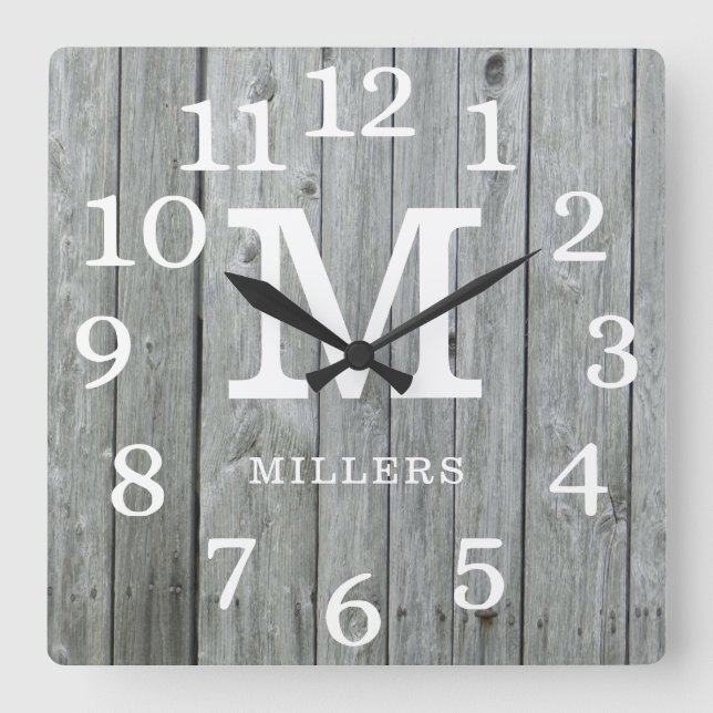 Grey Wood Large Numbers Family Name Monogram  Square Wall Clock (Front)