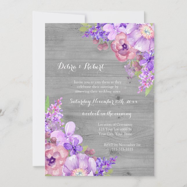 Grey Wood Lilac Purple Flowers Vow Renewal Invitation (Back)