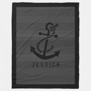 Grey Wood Planks Black Nautical Anchor Fleece Blanket