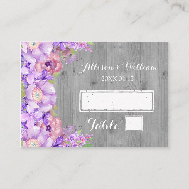 Grey Wood Purple Lilac Floral Place Setting Cards (Front)