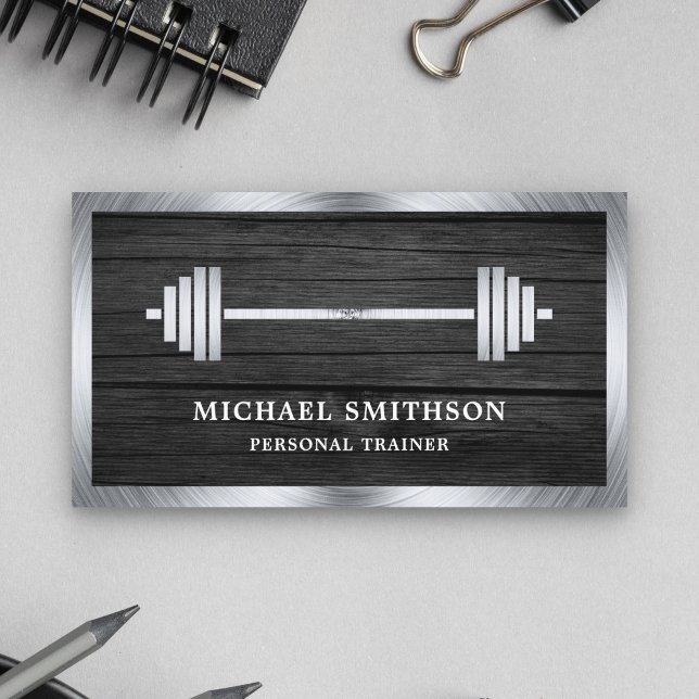 Grey Wood Steel Barbell Fitness Personal Trainer Business Card (Creator Uploaded)