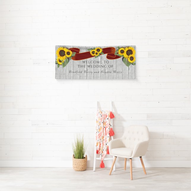 Grey Wood Terracotta Sunflower Rustic Wedding  Banner (Insitu)