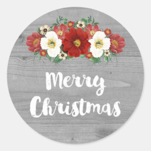 Grey Wood Vintage Red Floral Merry Christmas Classic Round Sticker