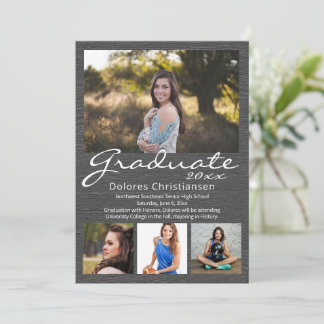 Grey Woodgrain Modern 4 Photo Graduation Invitation